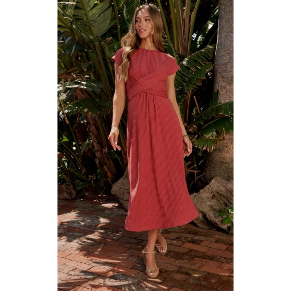 Bohme Dress Small Ribbed Tie Vaeda Berry Stretch New Midi Boho